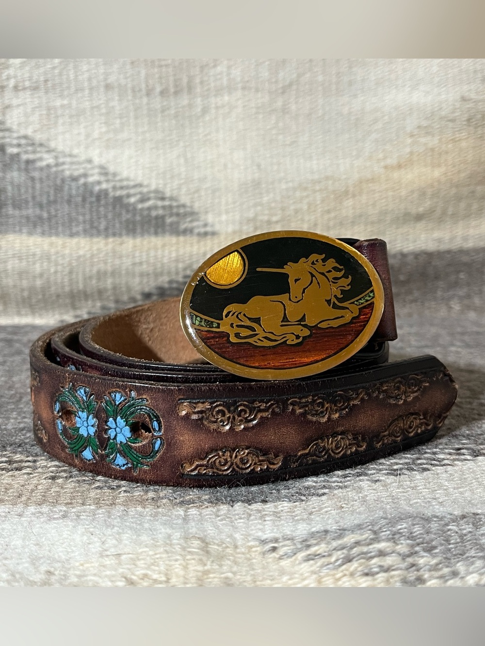 VTG Harmony Metal Unicorn Inlay Brass Buckle Brown & Turquoise Leather Belt